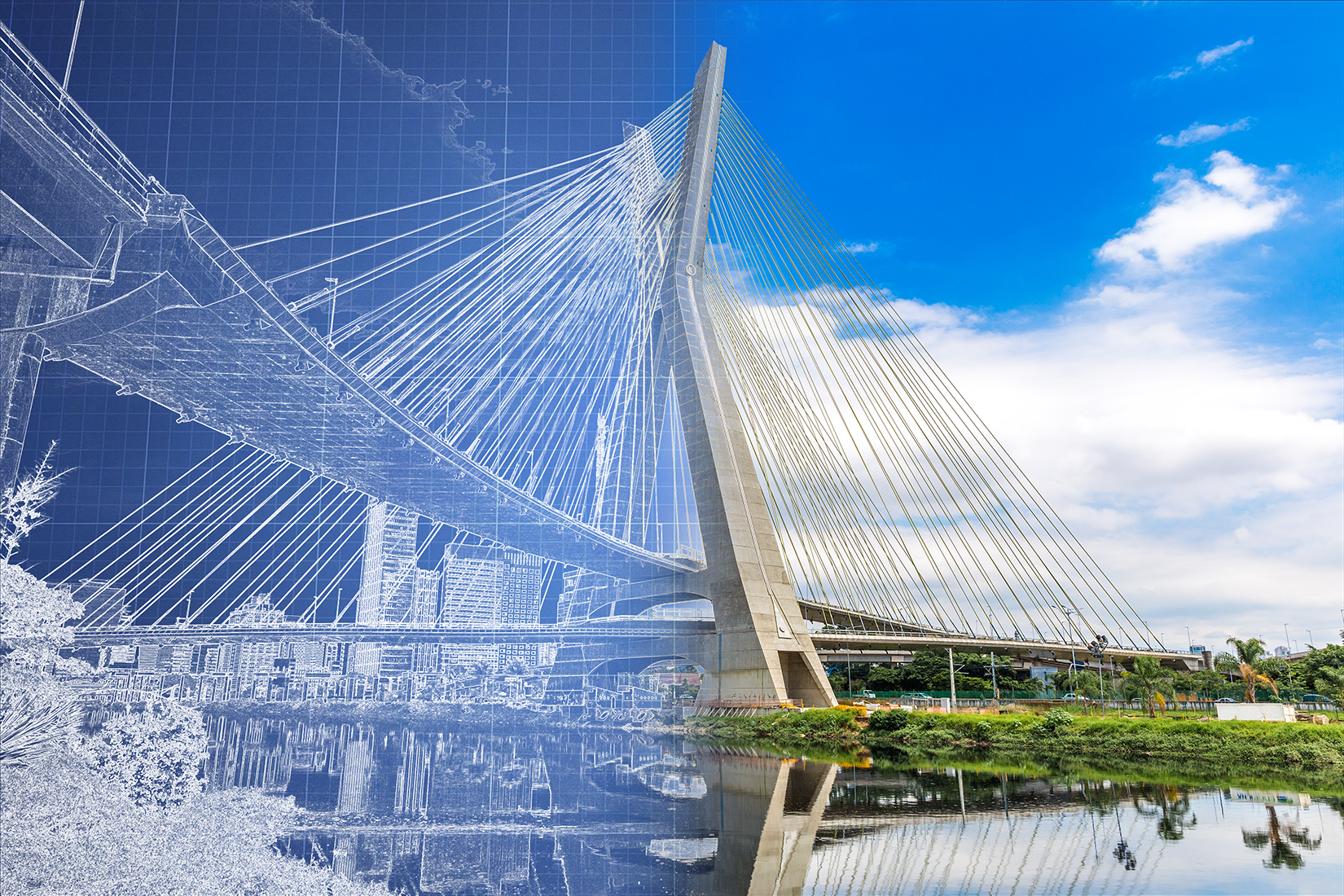 Ponte estaiada dividida ao meio entre o desenho técnico em blueprint azul à esquerda e a foto real com céu ensolarado à direita.